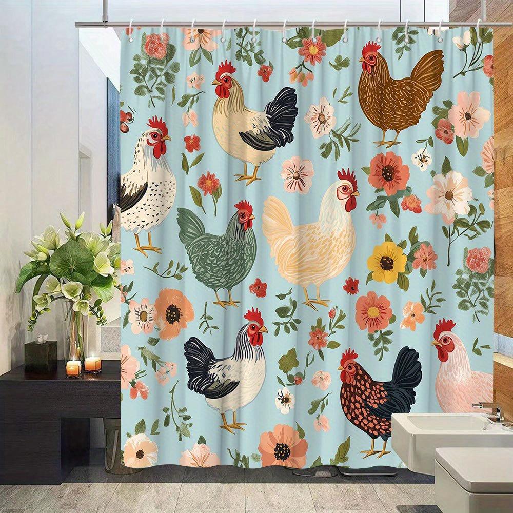 Charming Chicken & Floral Print Waterproof Shower Curtain For Bathroom,Rustic Farmhouse Design High-End Toilet Partition Curtain
