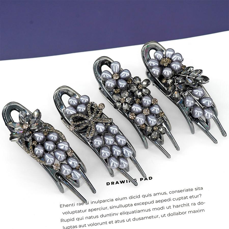Fashionable Light Luxury High-end Rhinestone Pearl Clip Hairpin Women's Elegant Temperament Glass Black Gray Hairpin Strap