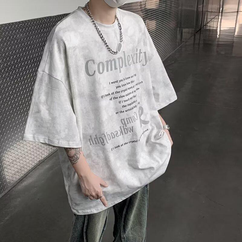 Летняя американская ретро-печать с коротким рукавом, мужская модная рабочая рубашка с круглым вырезом, свободный крой M белый