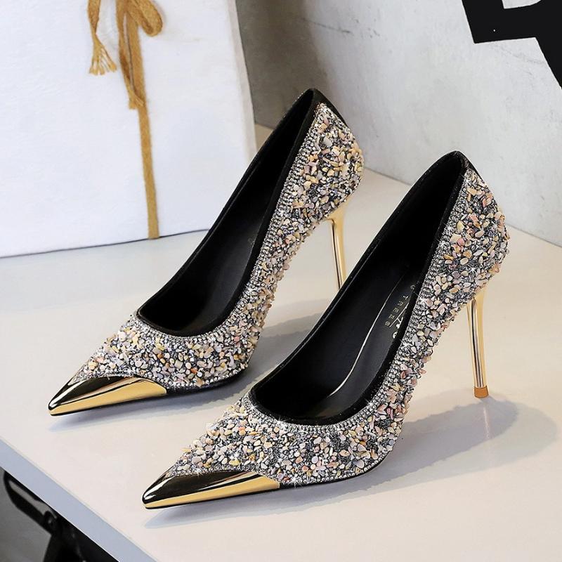 Fashion Stiletto Heels Metal Pointed Toe Shallow Cut Slip On Crystal Rhinestone Women Shoes