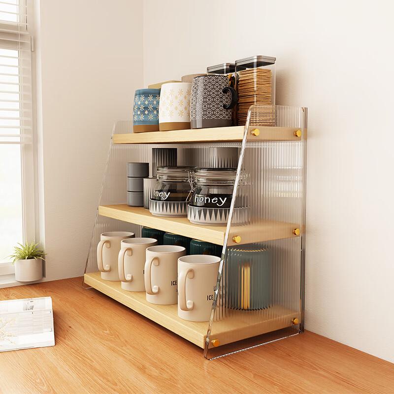 Rubber Wood 3-Tier Cup & Tea Set Storage Rack
