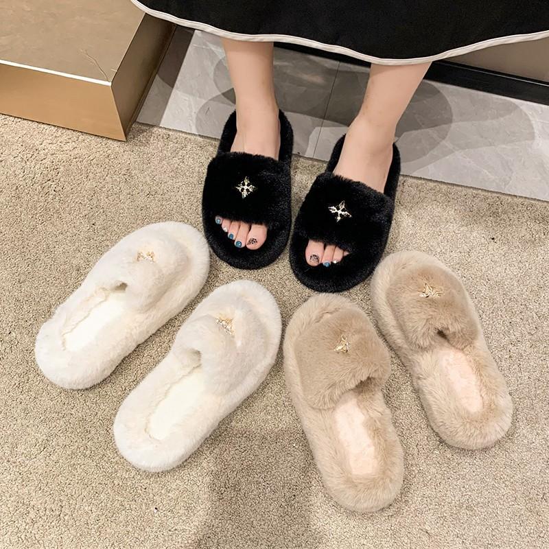 Fashion Platform Flat Plush Slippers for Women 2025 Autumn and Winter New Korean Version Flat Bottom Thermal