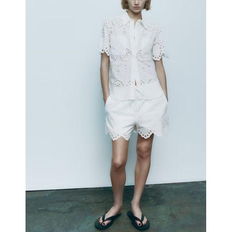 Spring New Polo Collar Short Sleeve Cut Out Embroider Shirt 7578101 White High-Waist Shorts 7575019
