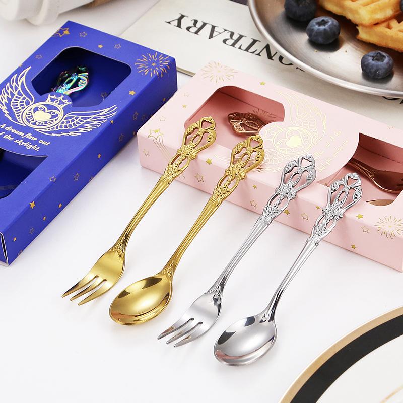 Stainless Steel Spoon Fork Two-piece Cutlery Gift Box Retro Coffee Spoon and Fork Set with Hand