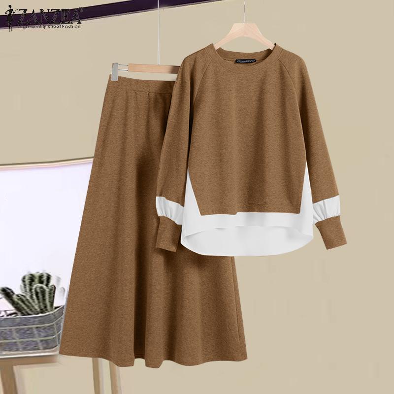 ZANZEA Damen Vintage Rundhalsausschnitt Fake Zweiteilige Langarmbluse Hosen Sets