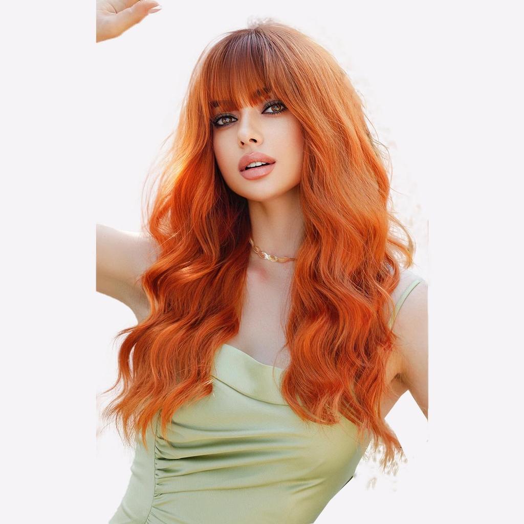 Vibrant Orange Ginger Wig - 26" Heat Resistant Loose Waves with Blunt Bangs, Platinum & Pink Balayage Synthetic Hair for Cosplay & Parties