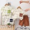 Boys' full printed letter pocket round neck short sleeved set, boys' casual two-piece set, summer thin design