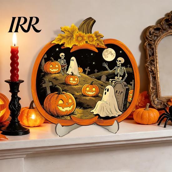 Rustic Wooden Pendant Halloween Pumpkin Sign, LED Light Up Ghost Hanging Lighted Wood Decor Wall Sign for Indoor Outdoor Holiday Party Art