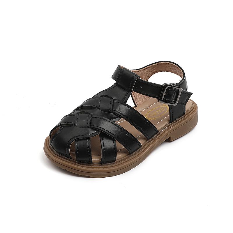 Girls Covered Toes Sandals 2024 Summer New Boys Soft Sole Breathable Black Beach Shoes Kids Fashion Girls Casual Flats Korean
