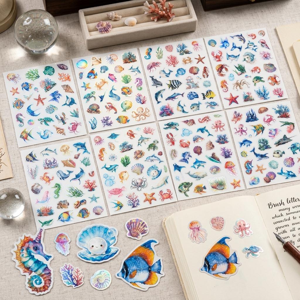 198Pcs Ocean Animal Stickers Blue Holographic Design Waterproof Vinyl Adhesive for Journal Decoration
