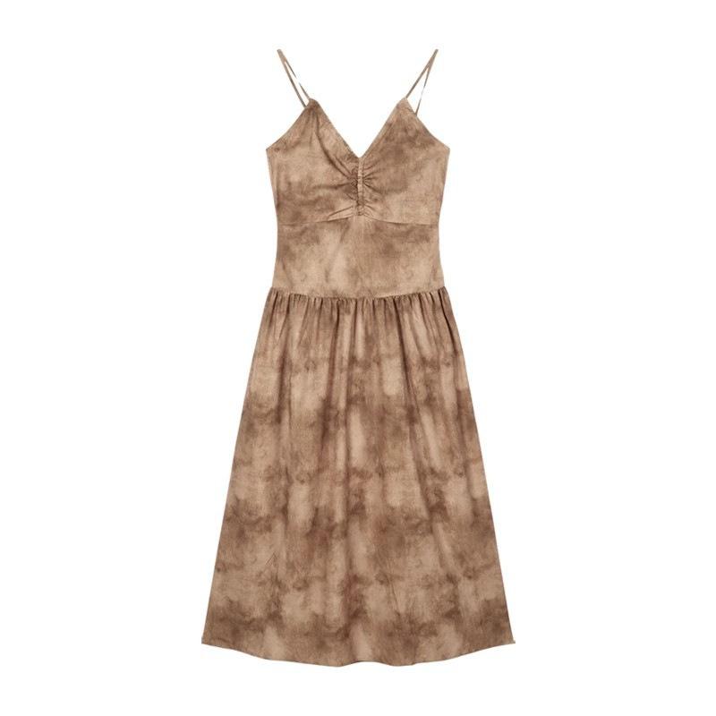 New Chinese-style neck sling v-neck dress women's summer backless waist sexy long dress pure desire coffee color a-word skirt
