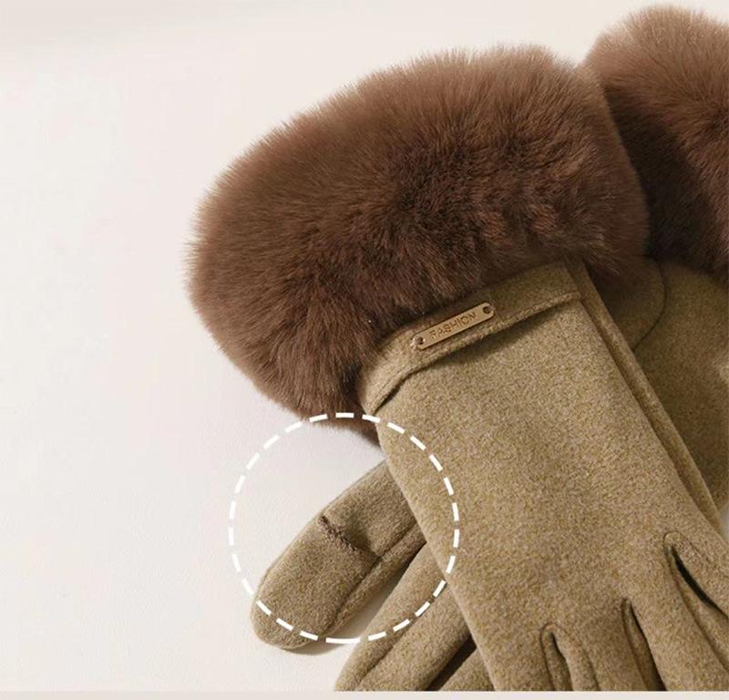 Women's Velvet Rabbit Fur Fleece-Lined Cycling Gloves - Warm, Non-Slip, Windproof, Thick Winter Gloves