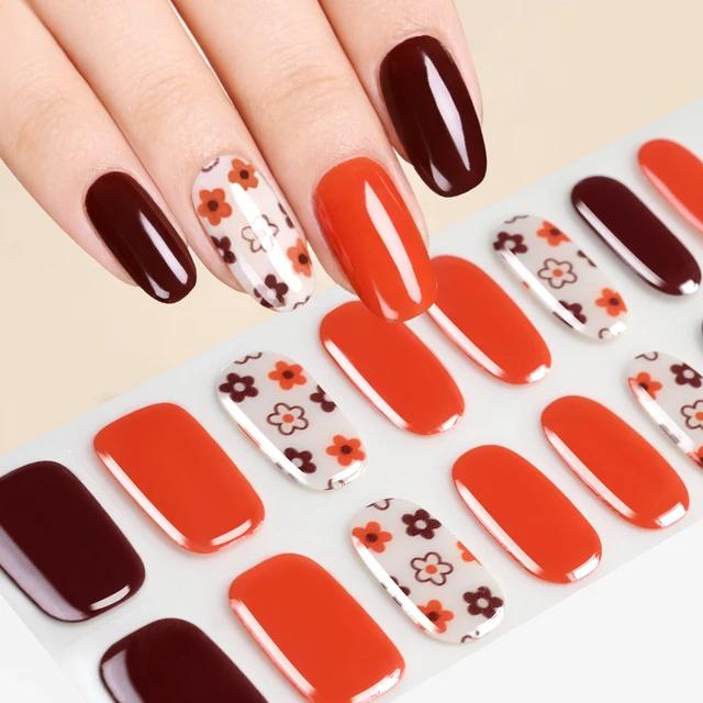 16 Tips Mini Flower Semi-Cured UV Gel French Style Dark Red Self Adhesive Nail Stickers Wraps