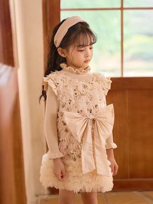 Vestido Colete Fofo com Laço de Lantejoulas para Menina - Estilo Coreano Roupa de Princesa para Festa de Primavera