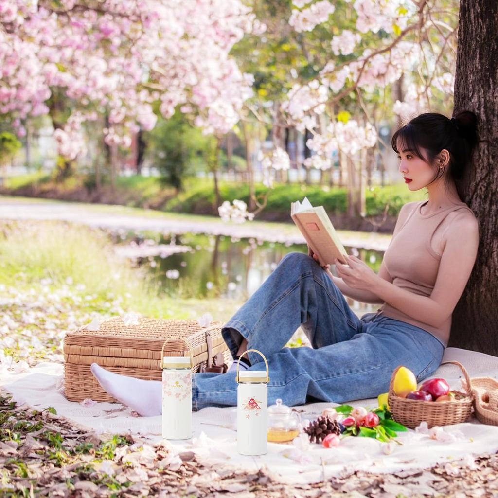 SANTECO Travel Tumbler, 380ml, Handle Type, Insulates Cold and Hot Drinks, Vacuum-Resistant, Double-Layered Stainless Steel, Direct Drinking, Easy To