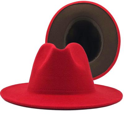 Proste zewnętrzne czerwone wewnętrzne wełniane filcowe kapelusze jazzowe Fedora z cienką klamrą paska męskie szerokie rondo Panama Trilby Cap 56-58CM