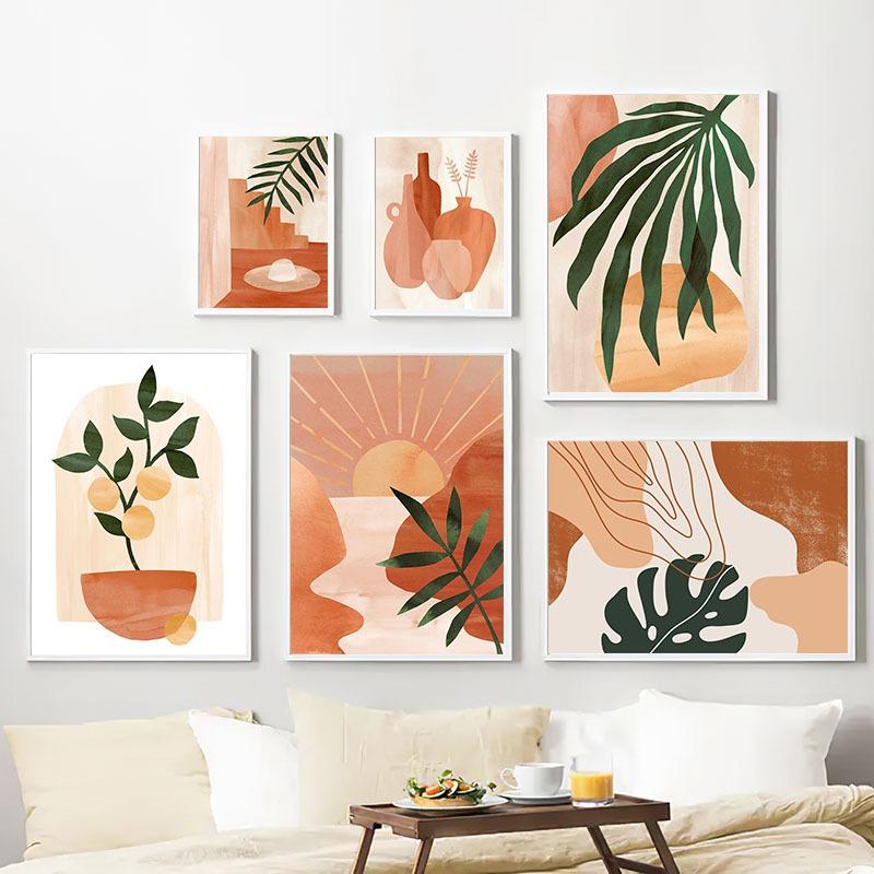 Boho Abstract Sun Vase Leaf Wall Art Canvas Painting Nordic Abstract Posters And Prints Pictures for Living Room Interior Decor