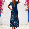 Women Plus Size V Neck Short Sleeve Firework Printed Navy Blue Long Dress