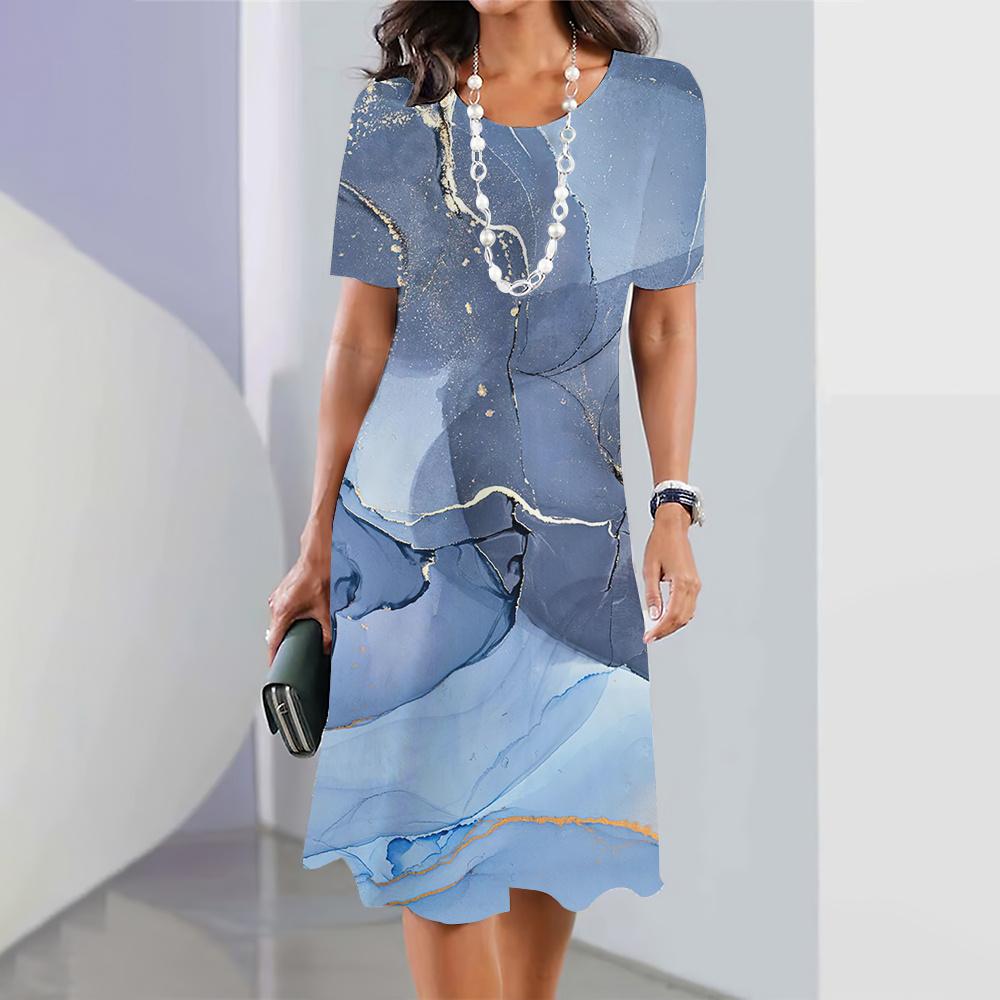 2026 Summer Retro Texture Printing Short-sleeved Dress Ladies Casual Fashion Round Neck Loose Dress