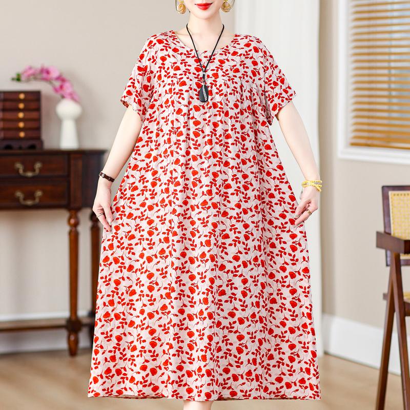 Velké volné šaty s vintage potiskem pro ženy Ležérní letní dámské šaty s krátkým rukávem