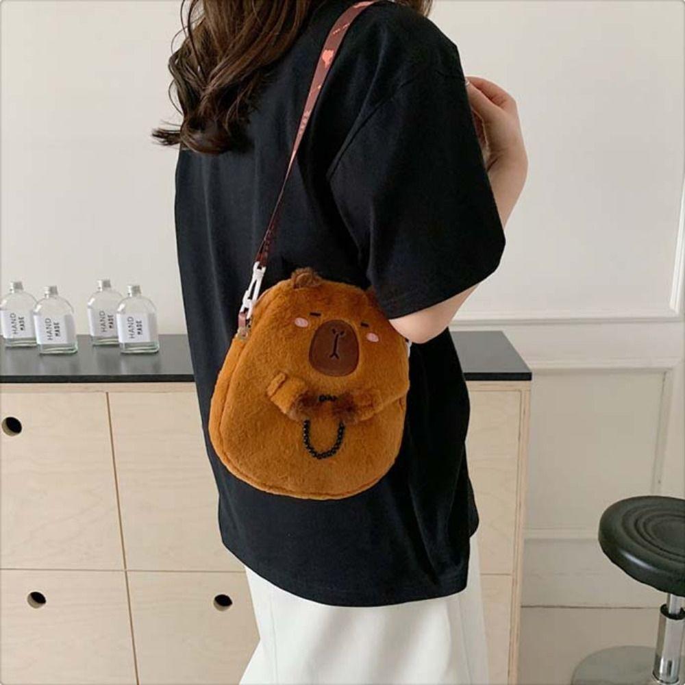 Zipper Capybara Plush Shoulder Bag Animal Cartoon Cartoon Capybara Handbag  Unisex