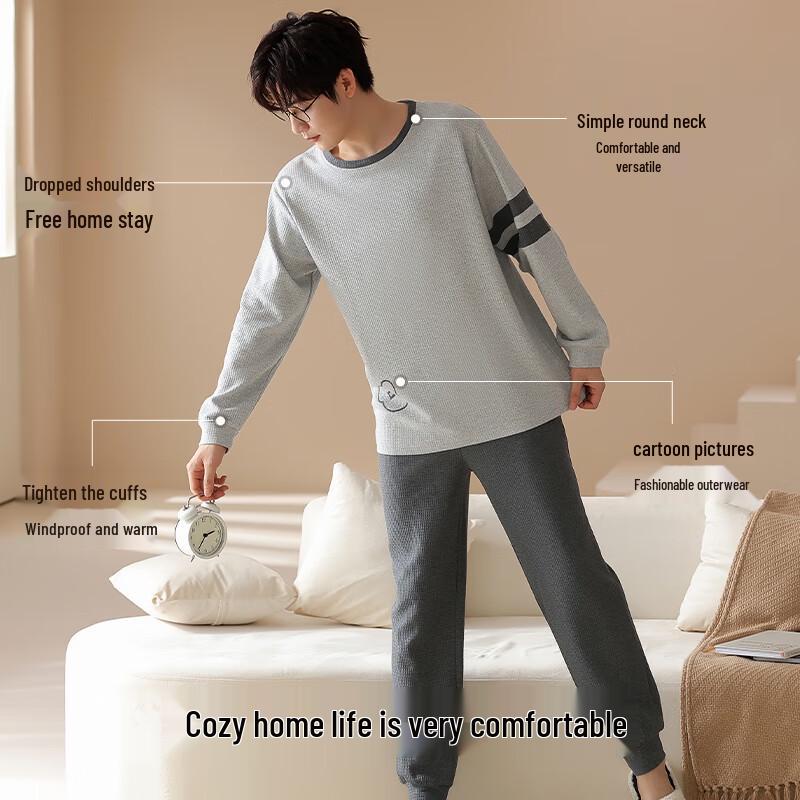 Men's 100% Cotton Long-Sleeve Pajama Set for Autumn/Winter