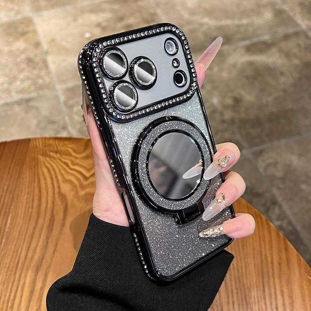 Gradient Glitter For Magsafe Magnetic Mirror Stand Holder Case For iPhone 13 14 15 16 17 Pro Max Bling Diamond Shockproof Cover