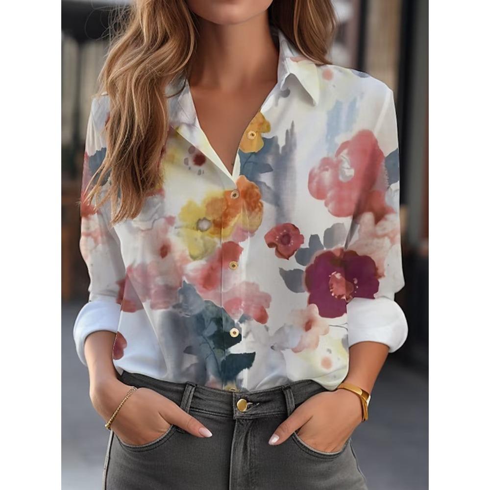 Fashion Women's Shirt & Blouses Elegant Flower Leaf Shirt Print High Quality Long Sleeve Large Size Female Clothing Blouse Tops