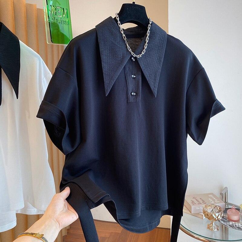 Elegant Short Sleeve Summer Split Blouse Women Loose T-shirt 2023 Fashion Drop Tops Casual Shirt White And Black Patchwork 27516