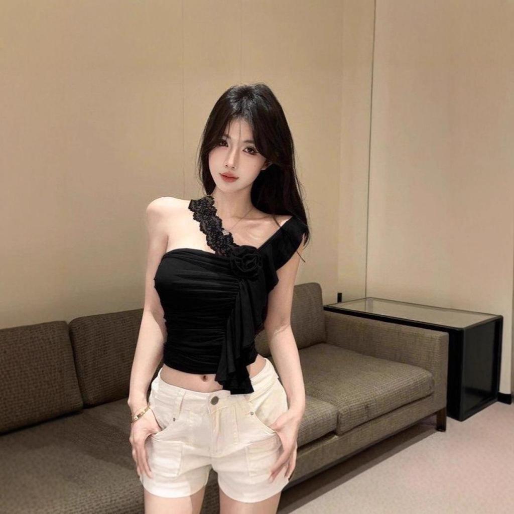 Trendy Lace Patchwork Off-Shoulder Slim-Fit Korean Top