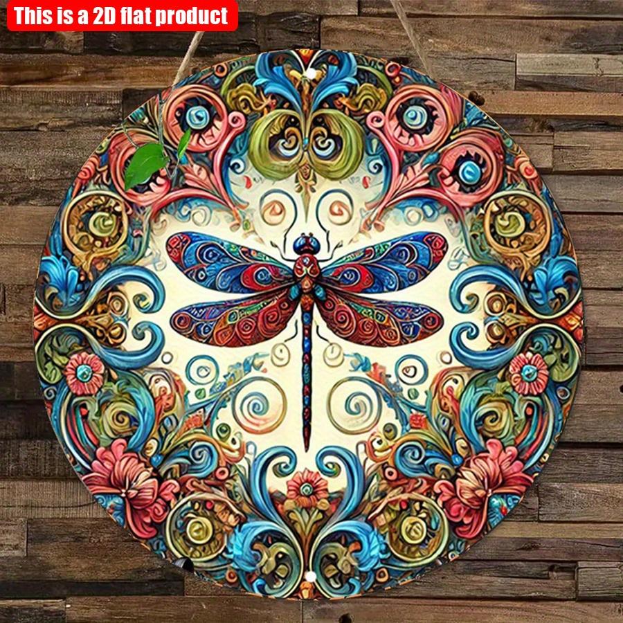 2D flat 20*20cm1pc Vibrant bright-coloured Dragonflies&Heart shape Flowers patterns Round Signage, Colorful Wall Art Decor for Bar Cafe Club Yard Home