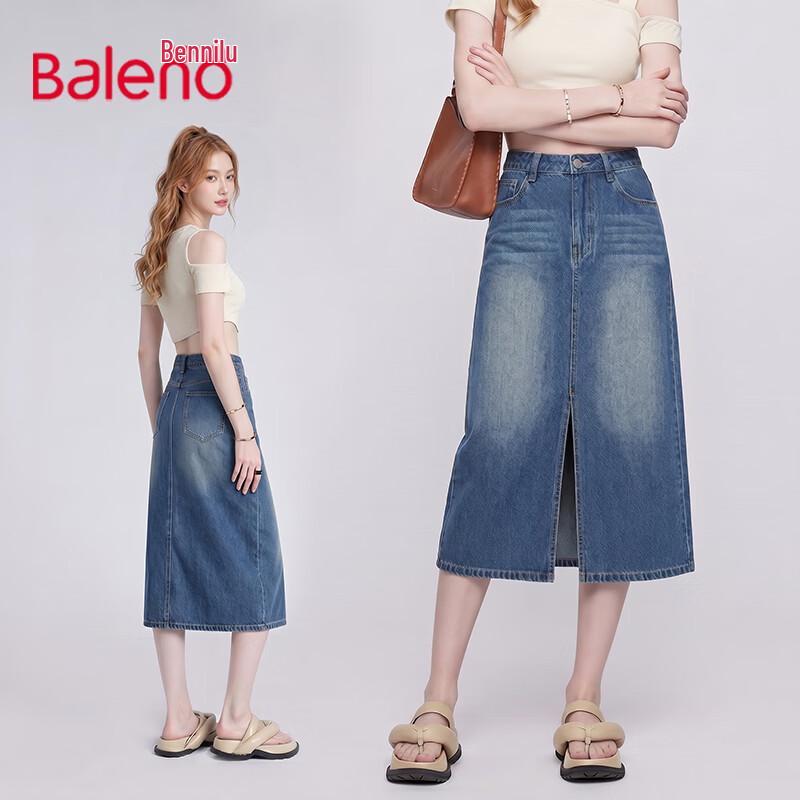 Baleno Women s High-Waist Retro Blue Denim Mid-Length Skirt XL