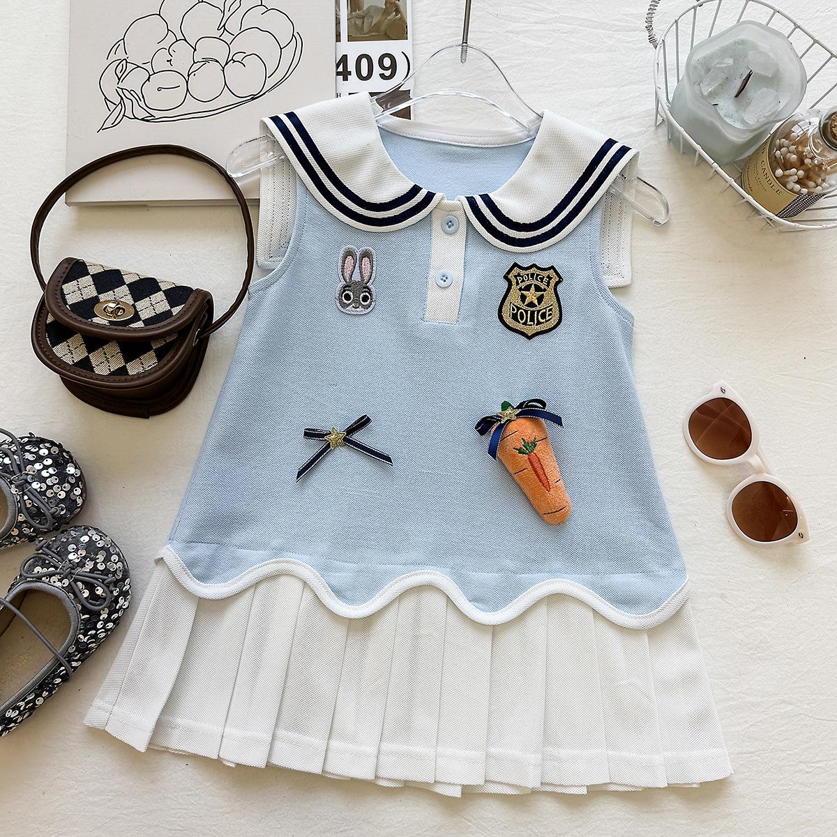 Summer Girls Sleeveless Pleated Dress Cartoon Applique Vest Dress Preppy Little Girl Casual Party Sundress 90cm