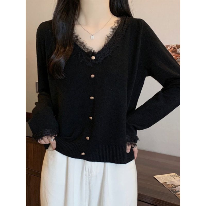 Black V-neck Fall and Winter Underwear Long Sleeved Top Lace