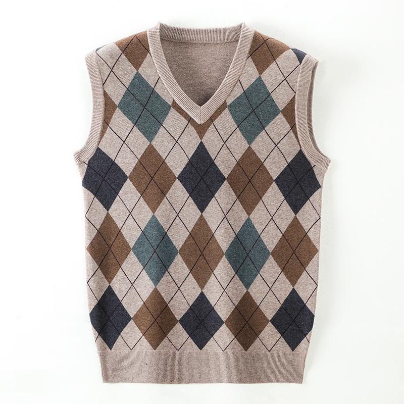 Autumn Winter Men's V-Neck Knitted Warm Vests Casual Sleeveless Knit Sweater Men Business Plaid Vest