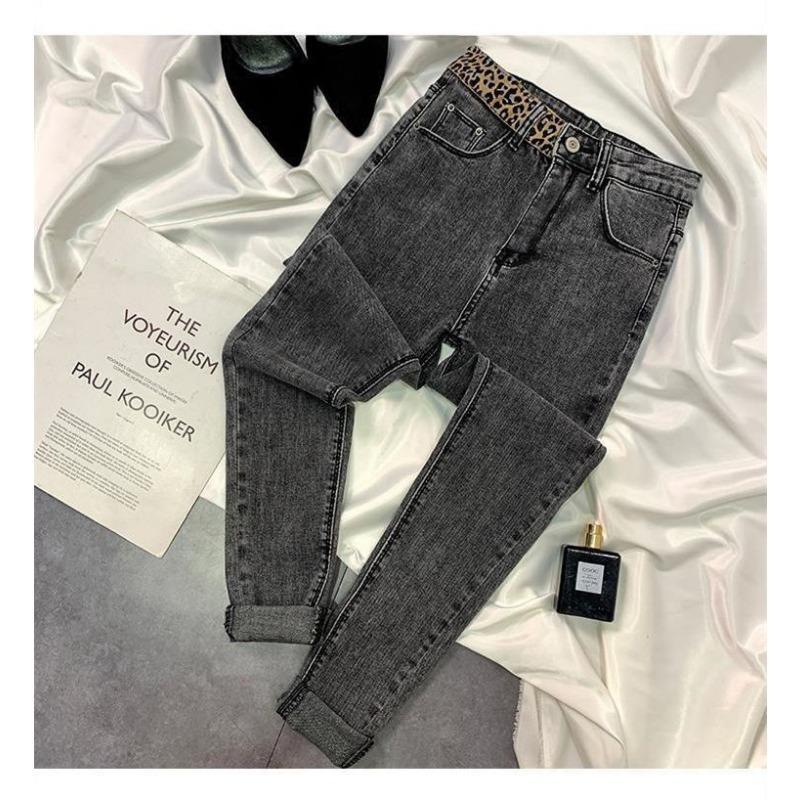 Spliced Leopard Print Stretch High Waist Tight Look Slim Hairy Edge Pencil Foot Pants Winter