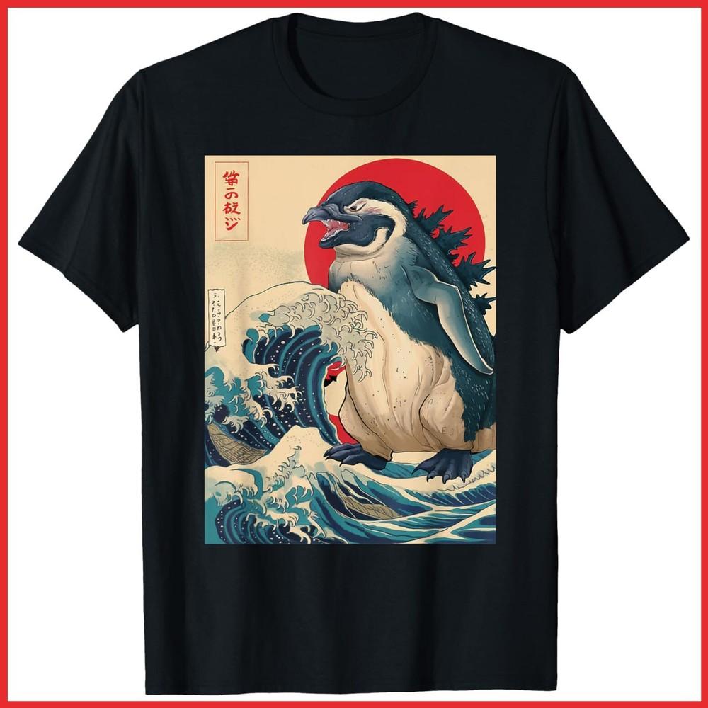 Pengzilla Penguin Japanese Art Funny Penguin Gift Black Cotton T-Shirt Unisex T-Shirt M