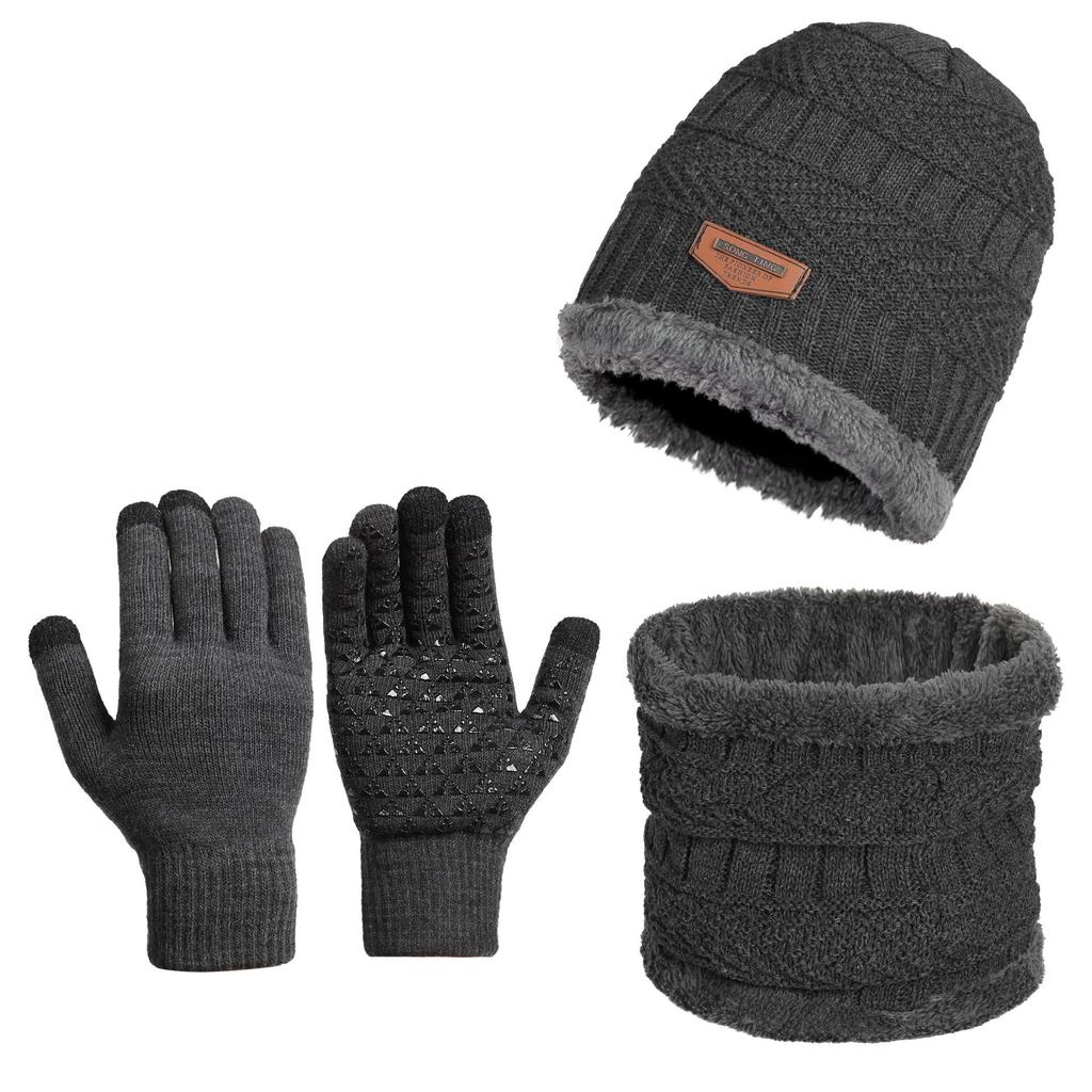 Dreiteiliges Winterset: Gestrickte Mütze, Rutschfeste Touchscreen-Handschuhe und Fleecegefütterter Wollschal