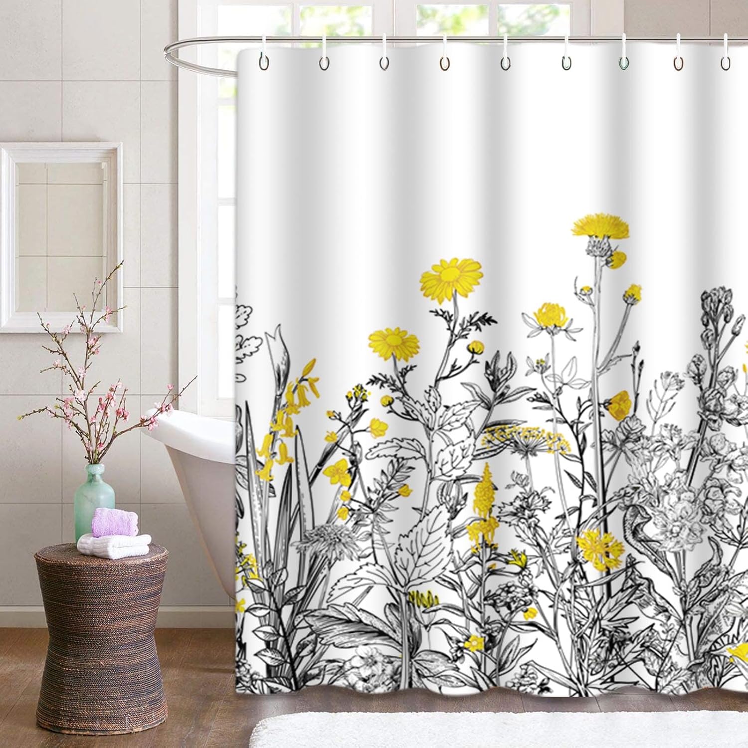 

Shower curtain floral border herbs and wildflowers plants vintage engraving light grey background black polyester fabric 90X180cm
