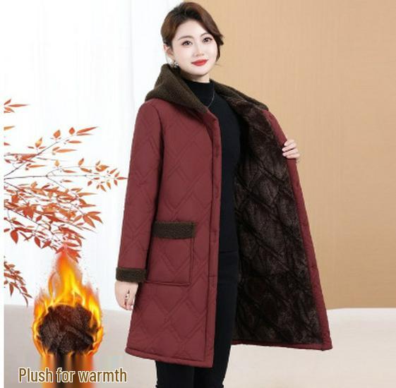 Warm Fleece-Lined Hooded Cotton Coat for Middle-Aged & Elderly Women