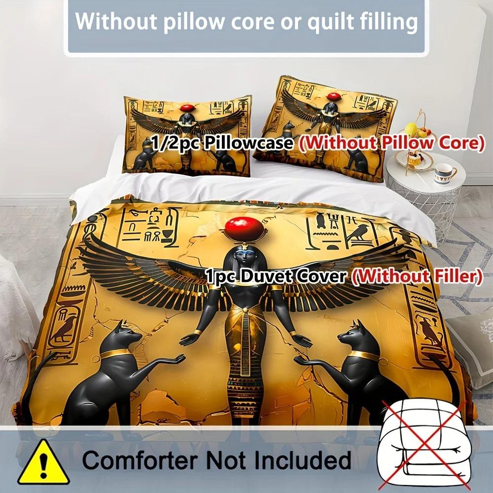 3Pcs Bedding Set Egyptian Style God Black Cat Print Cozy Duvet Cover King Queen Twin Size Birthday Gift For Adult Bedroom Decor