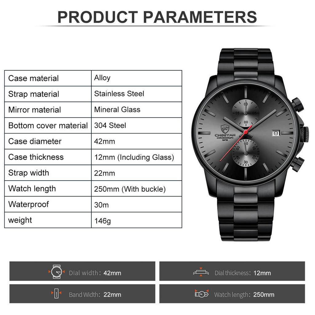 GOLDEN HOUR Fashion Business Watch Stainless Steel Waterproof Chronograph Quartz Watch Automatic Quartz Chronograph Men's Date, Black, 1.65 Inch,