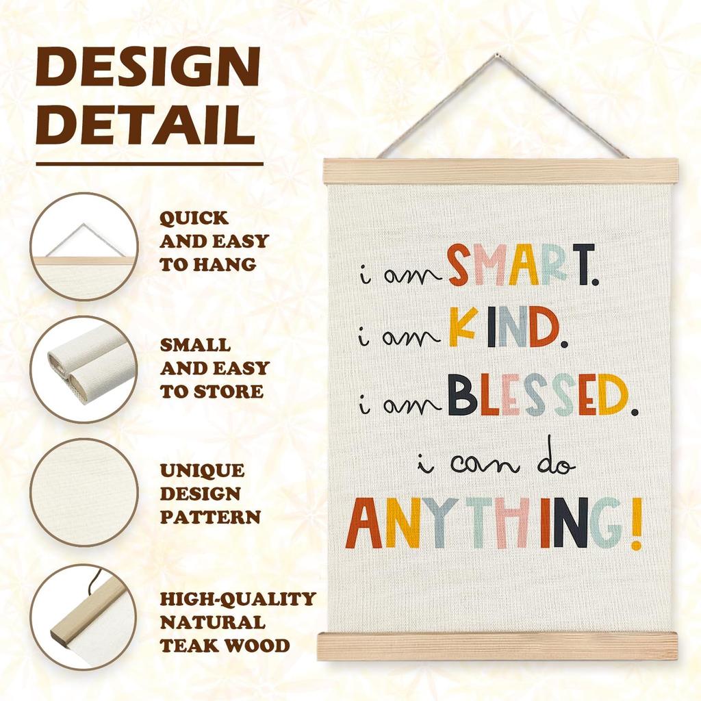 LUVADIAN Positive Affirmations for Kids, Kids Wall Decor, I am Smart Kind Blessed Motivational Poster Hanger Frame Wall Art for Classroom Playroom