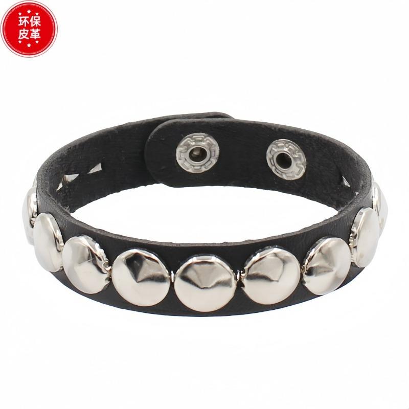 Eco-friendly PU Leather Trendy Punk Round Pointed Rivet Bracelet Stainless Steel Snap Buckle Boutique Bracelet Bracelet