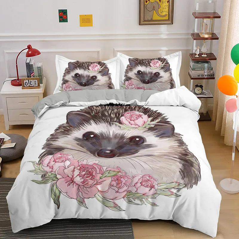 Cartoon Hedgehog Duvet Cover Set With Pillowcase Cute Animal Bedding Quilt Cover Three-Piece Set