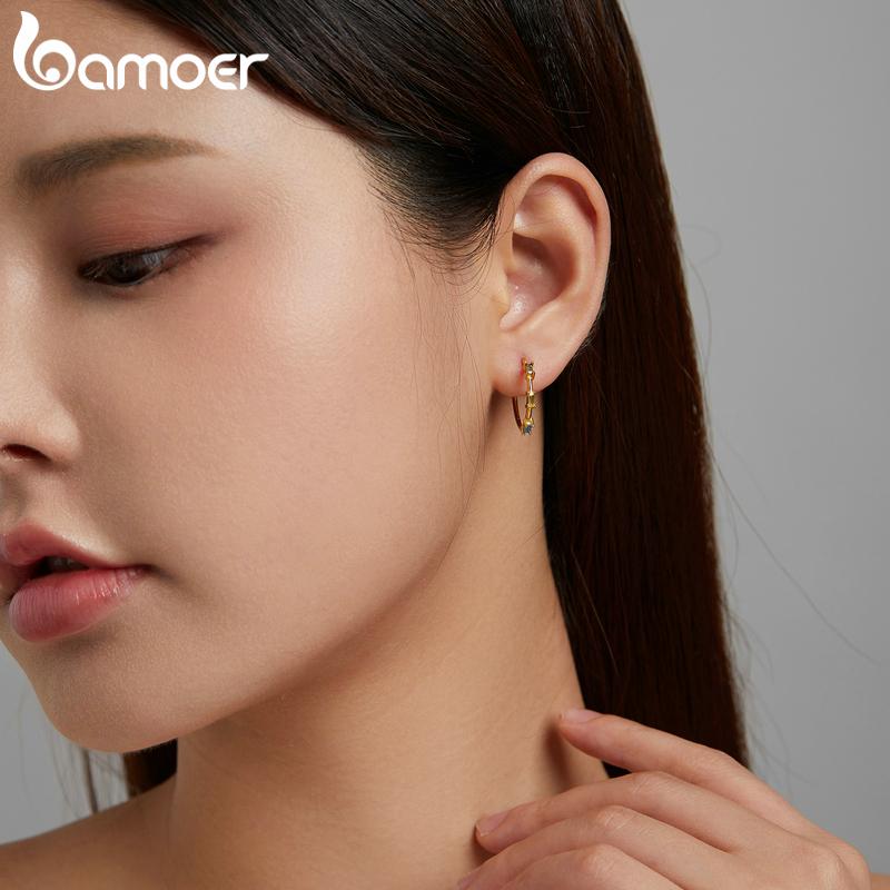 Bamoer 925 Sterling Silver Tricolor Square Zircons Gilded Stud Earring Fashion Jewelry