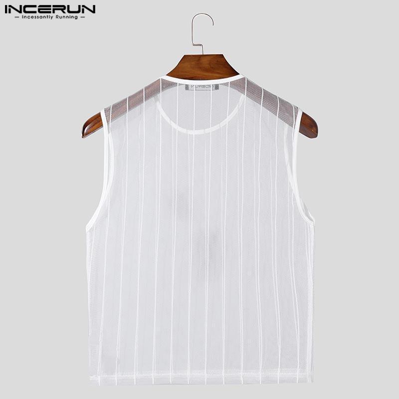 INCERUN Men Sleeveless Fishnet See Through Short Tank Tops Mesh Crop T-shirts
