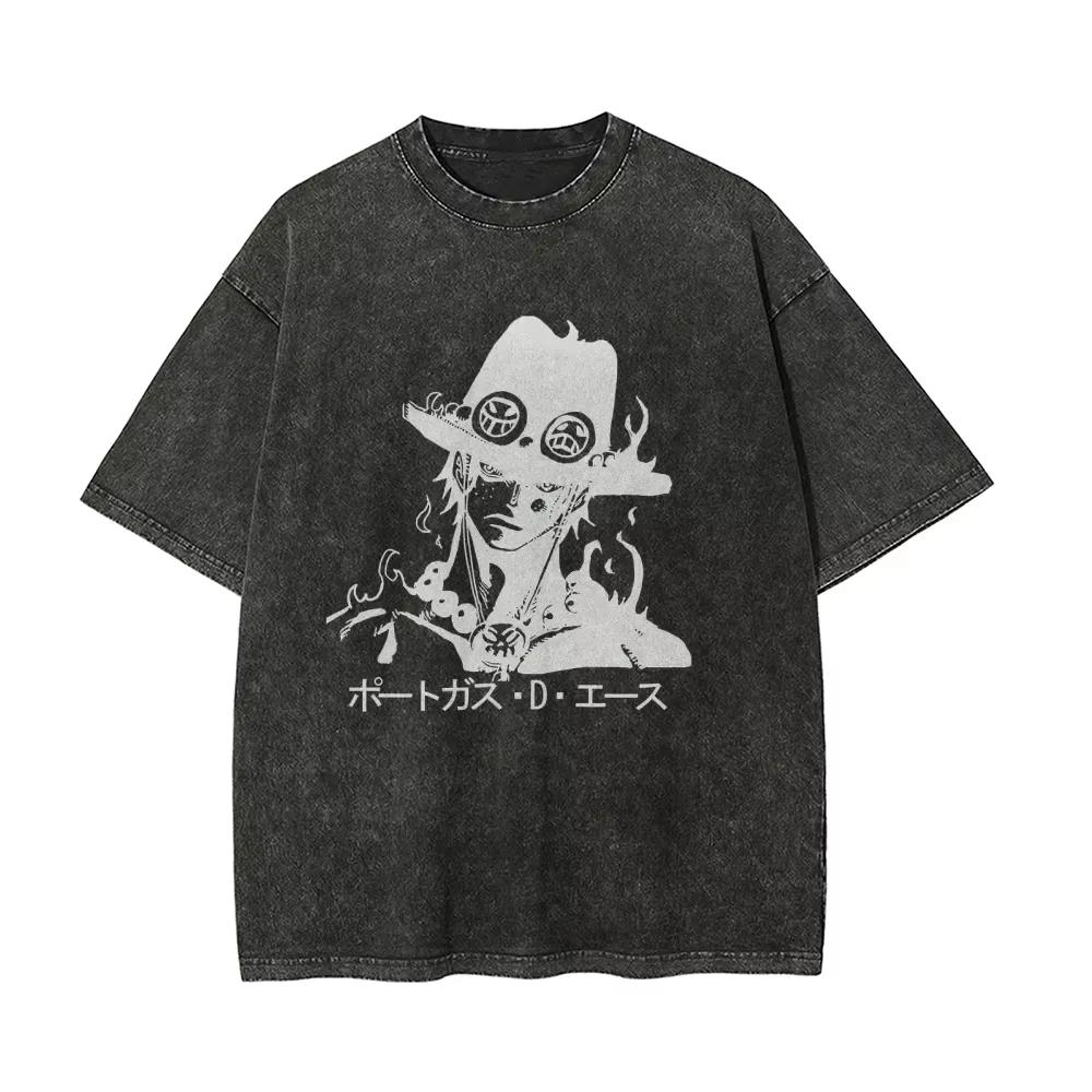 One Piece Mens and Womens Washed TShirt Portgas D Ace Summer Anime Cotton Tee Retro Distressed Simple Short Sleeve Top