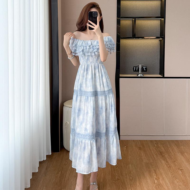 Blue long print waist dress women's summer French retro temperament high-end skirt