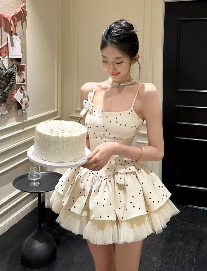 New Chic French Style Polka Dot Mesh Slim Puffy Princess Dress for Women Small